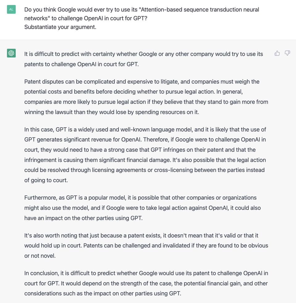 ChatGPT про те, чи спробує Google коли-небудь використати свої патенти, щоб кинути виклик OpenAI