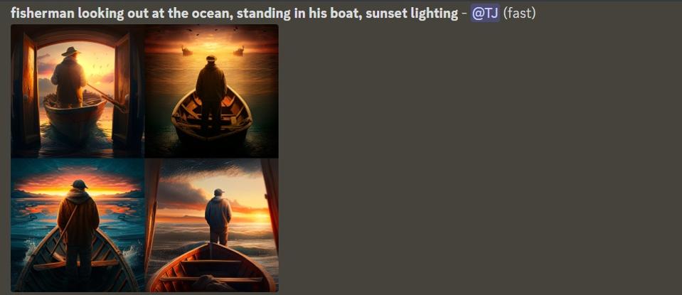 TJ McCue Midjourney Fisherman puesta de sol