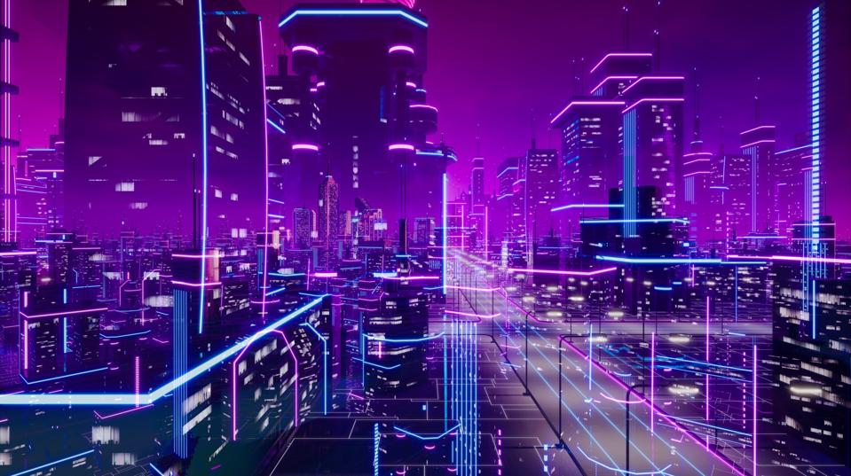 Концепция метавселенного города и киберпанка, 3D рендеринг