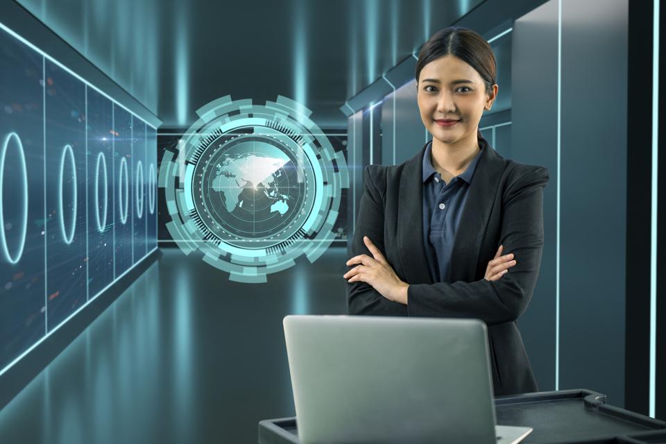 Businesswoman in big data management concept.