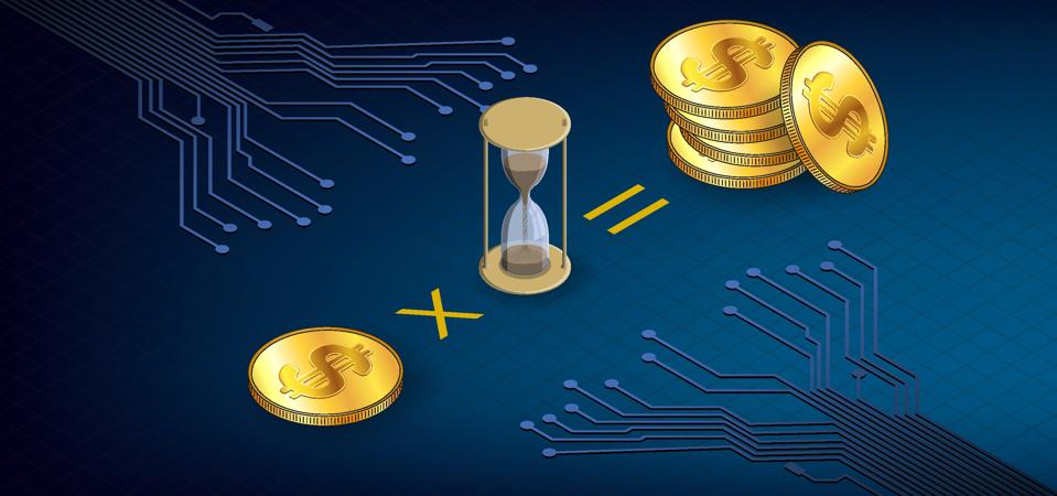 Isometric concept of earning coins during staking time with gold coins USD dollars and hourglass and PCB tracks on dark blue background. Header or banner.