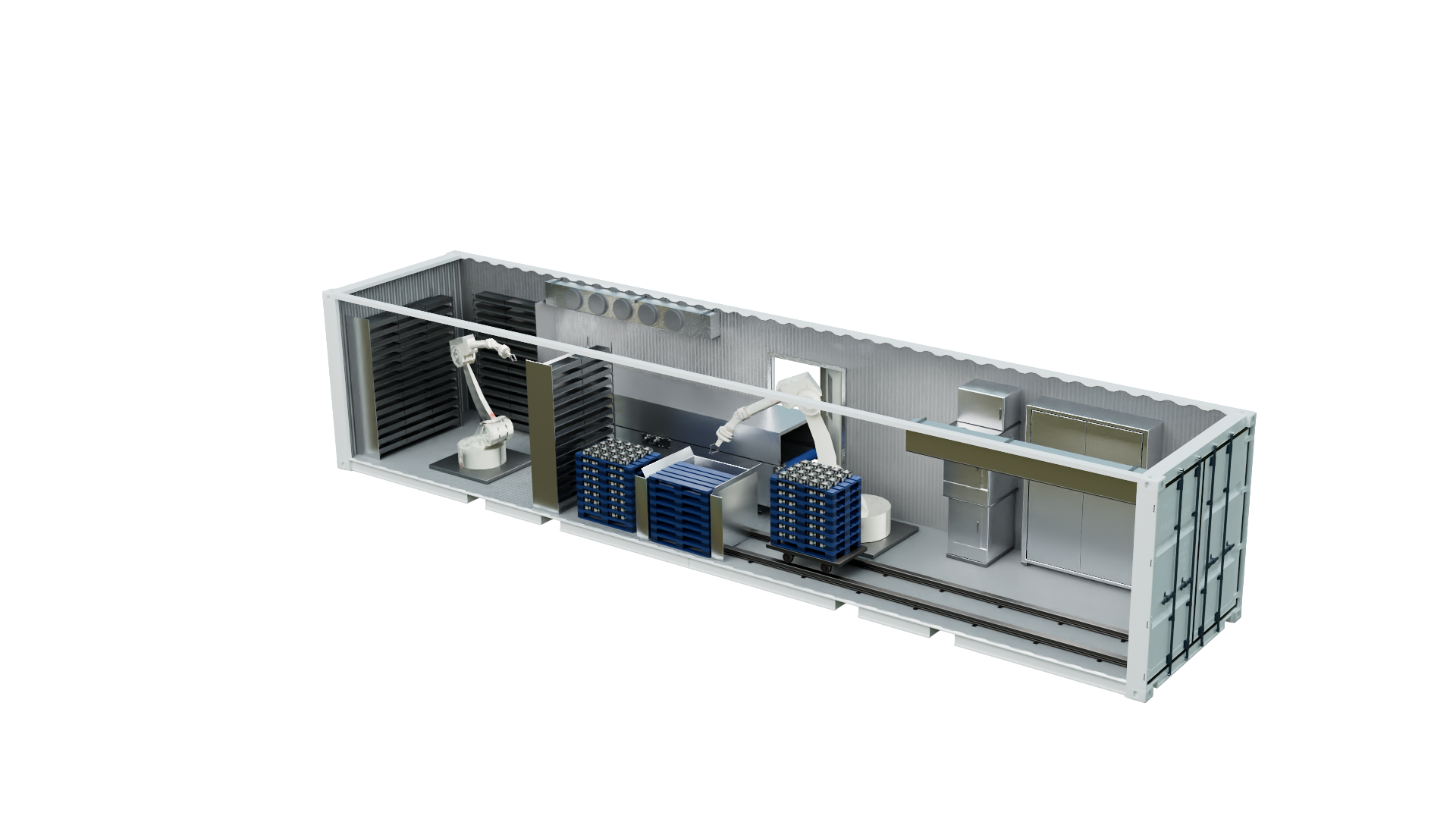 A mockup of Relocalize's fully automated ice factory in a shipping container.