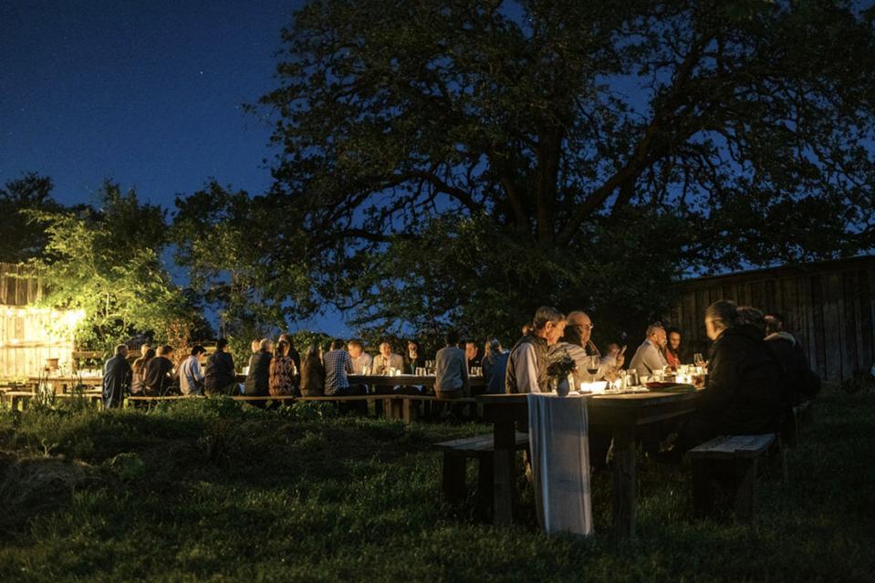 Guests dine by candlelight under a large oak tree.