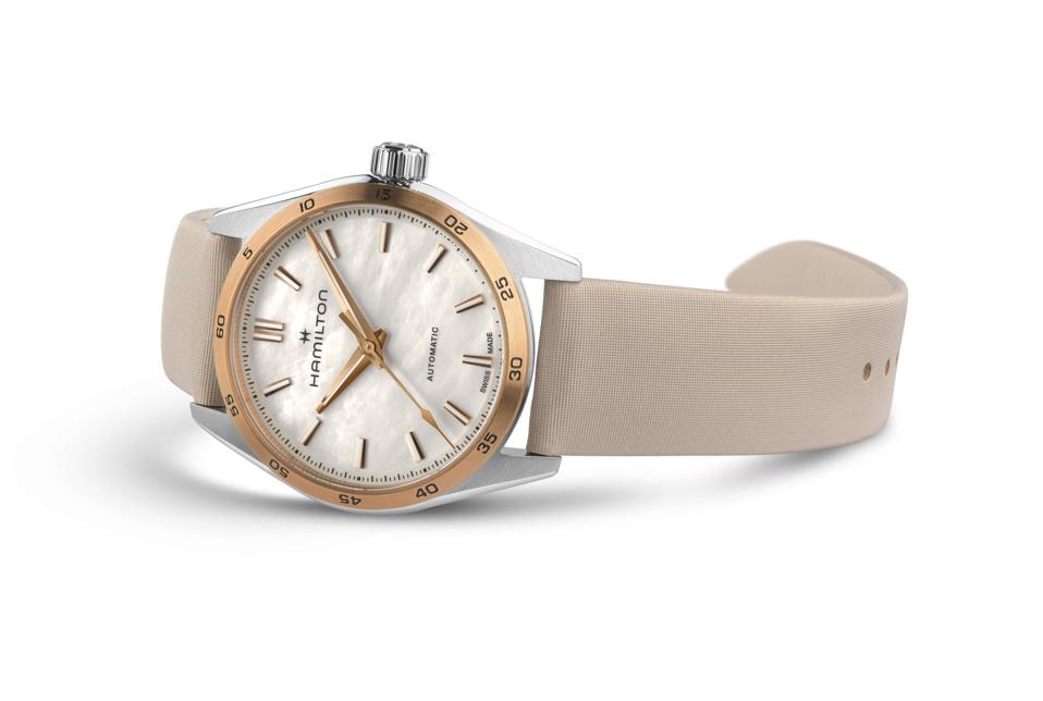 The Hamilton Jazzmaster Performer with Mother-of-Pearl dial and rose gold PVD coated case