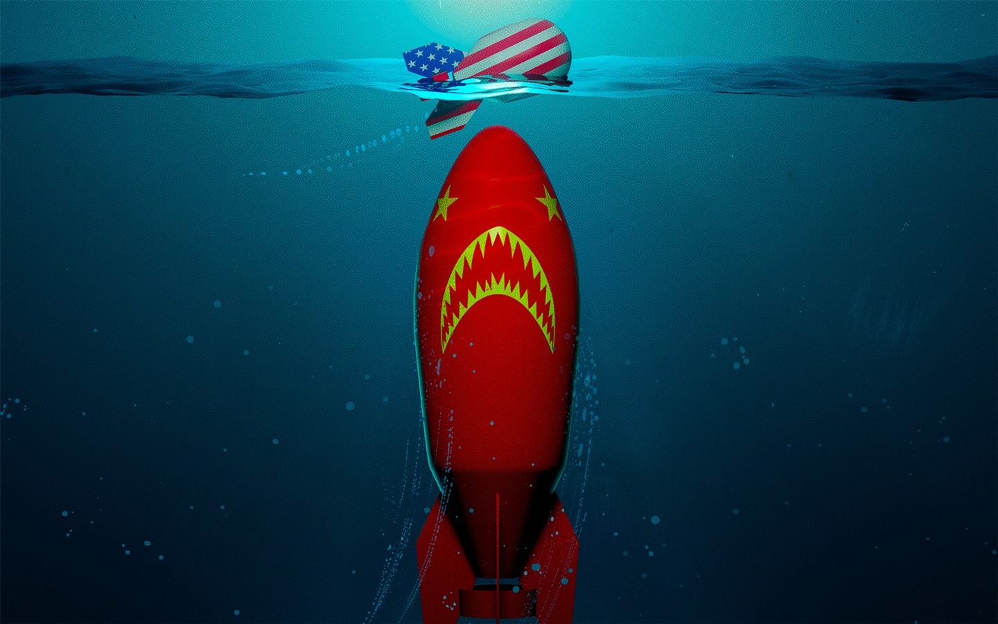 Illustration of a small US rocket floating above a giant Chinese that looks like a shark