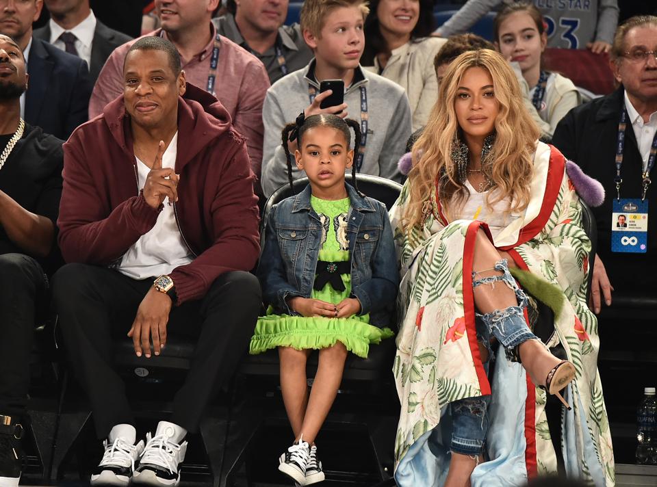 NEW ORLEANS, LA - FEBRUARY 19: (L-R) Jay Z, Blue Ivy Carter and Beyoncé Knowles attend the 66th NBA All-Star Game at Smoothie King Center on February 19, 2017 in New Orleans, Louisiana. (Photo by Theo Wargo/Getty Images)