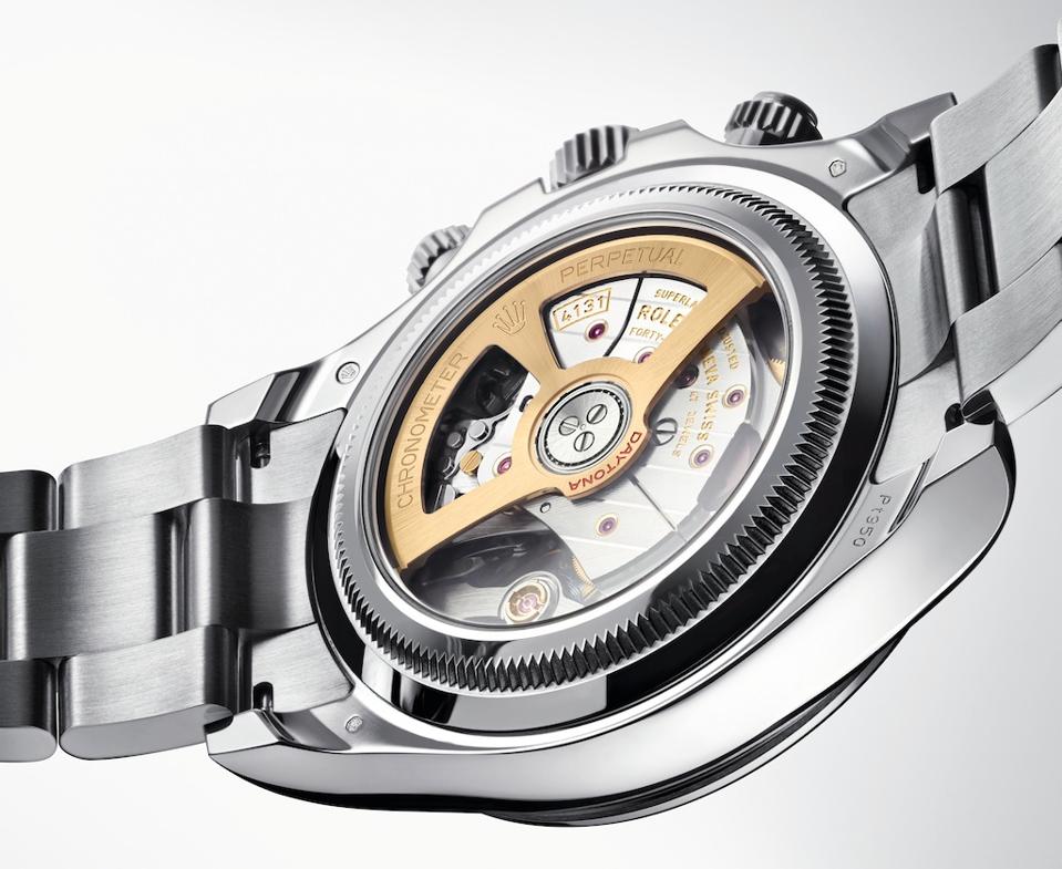 The caseback of the new platinum Rolex Daytona is open, a rarity for Rolex