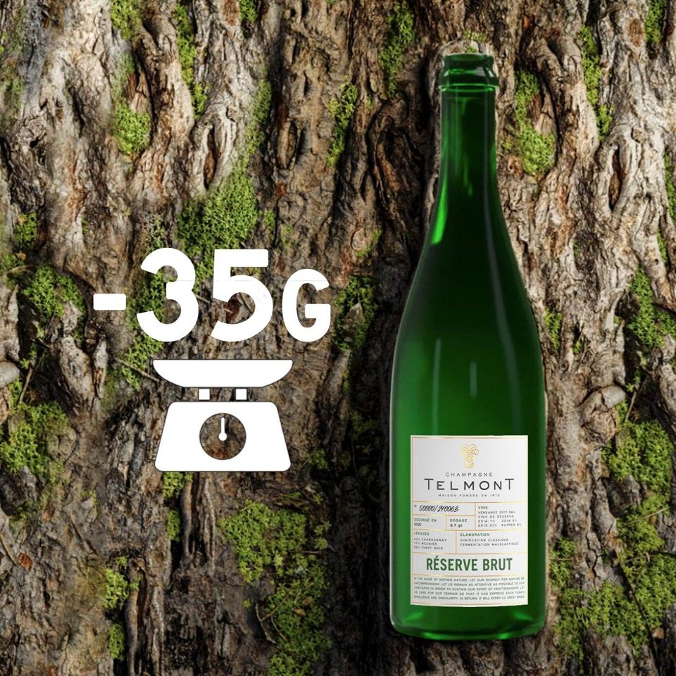 Front Label of Champagne Telmont Reserve Brut Showing Reduced Bottle Weight by 35 Grams