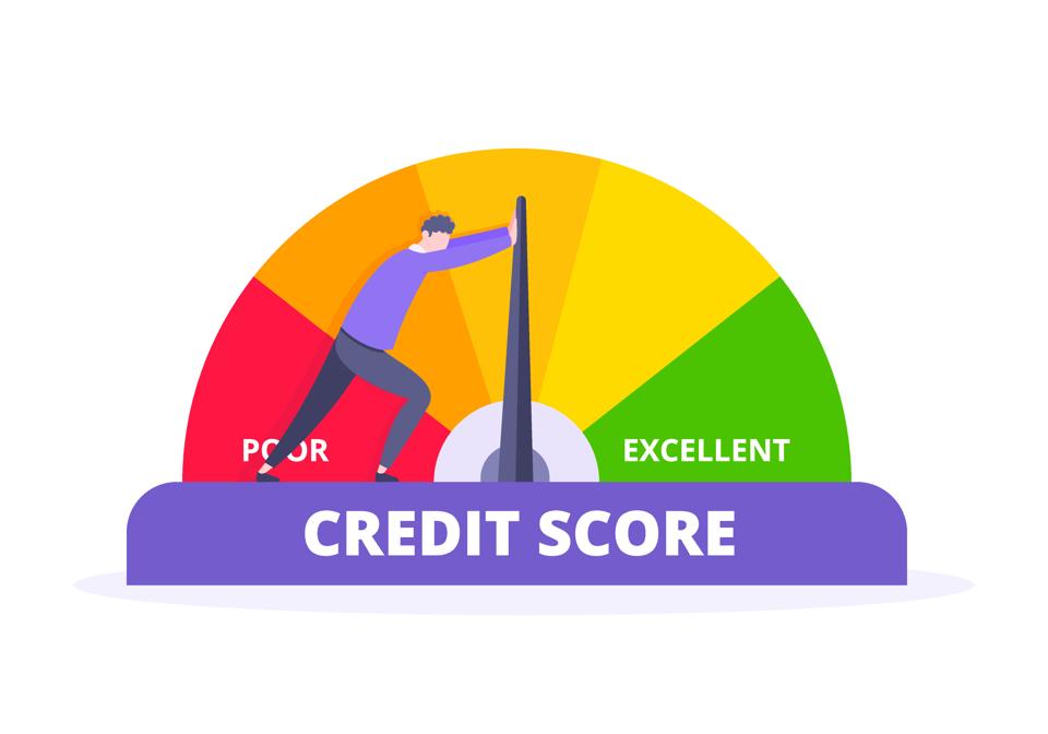 Man pushes credit score arrow gauge speedometer indicator with color levels.