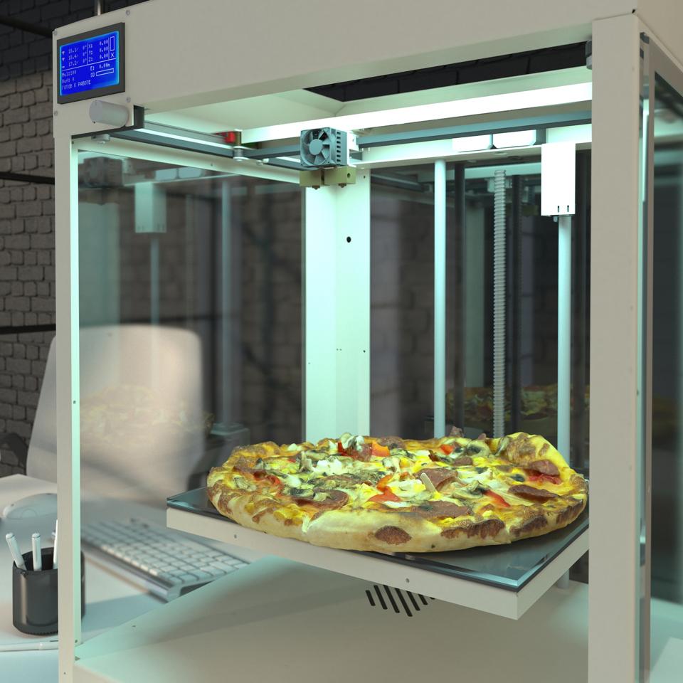 Pizza printed on a 3D printer. Synthetic food. Food 3D printer. Future concept with smart robotics and artificial intelligence. Using a 3D printer in the food industry. 3D rendering.