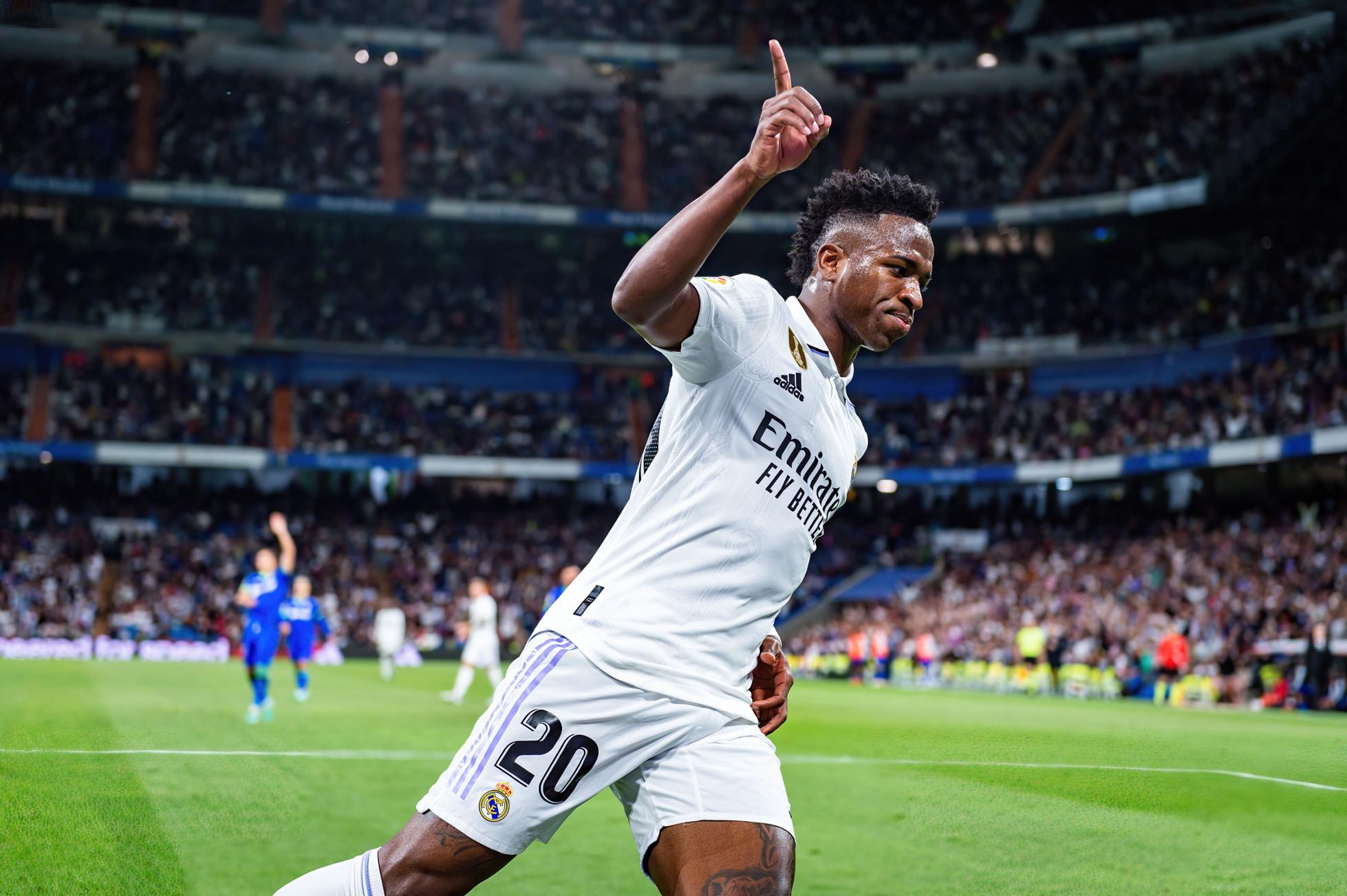 Vinícius Júnior of Real Madrid celebrating a goal during...