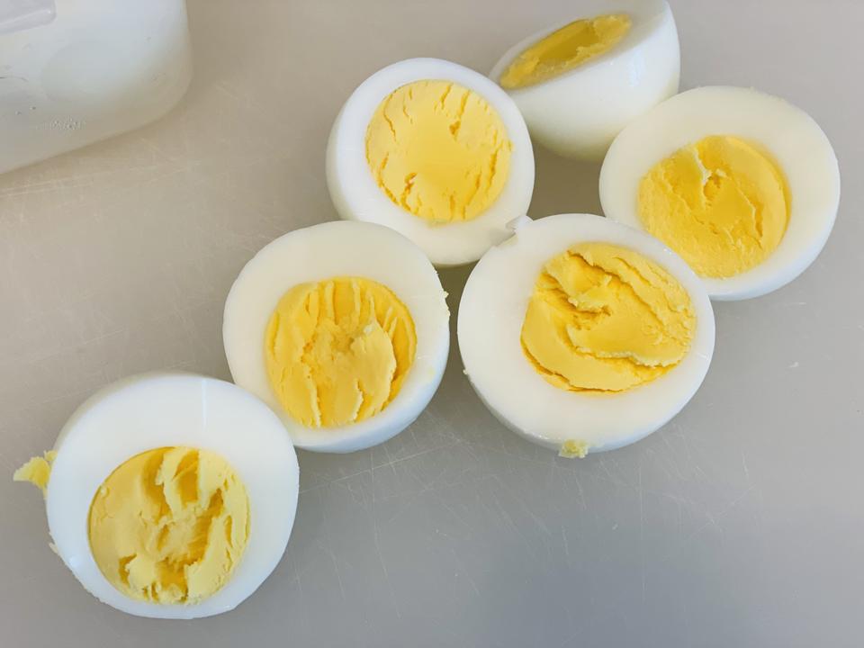 Cutting the boiled eggs across the middle instead of longways makes them easier to fill and easier to eat.