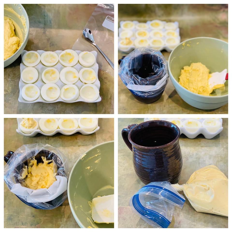 The secret for filling a recloseable quart bag with the Deviled Egg filling is using a coffee mug to steady the bag.