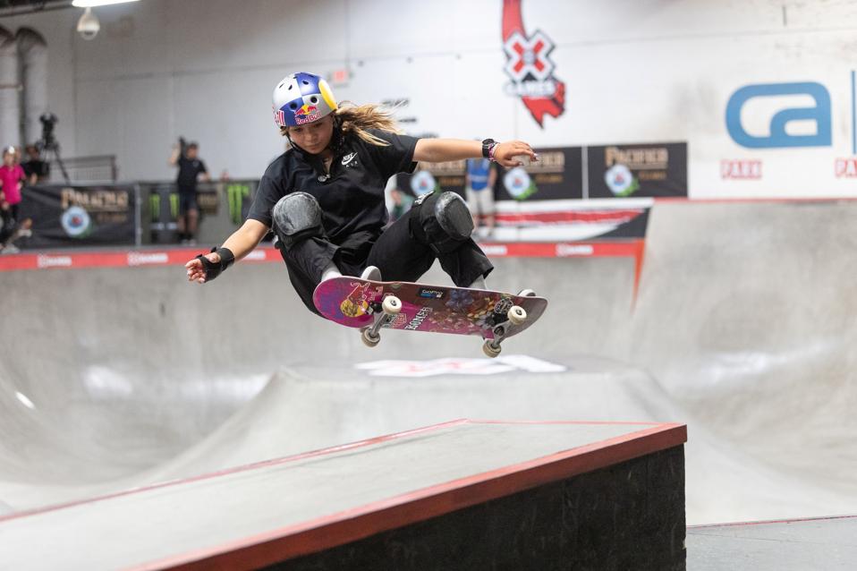 Sky Brown competes in women's skateboard park at X Games 2022 at the CA Training Facility
