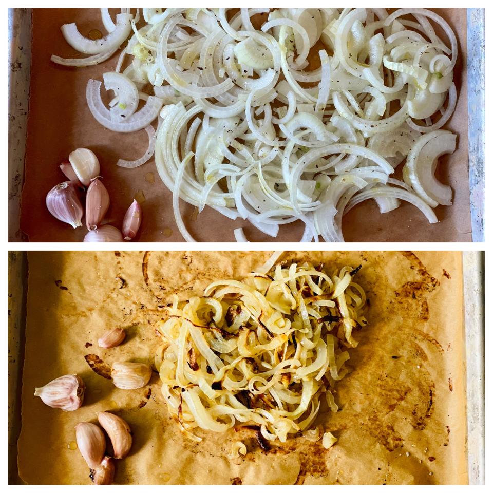 The top photo shows the sliced onions and garlic cloves before they are roasted in a hot oven, The onions are done when the ends are shared and the onions are caramelized as seen in the second photo. Onions Raw and Cooked _2084
