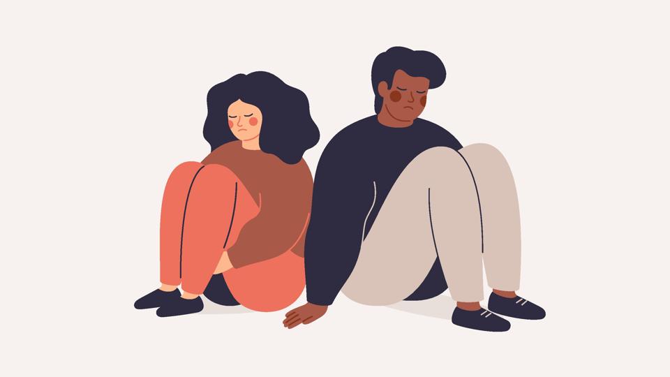 Depressed people. Sad man and woman sit back to back and no speak. Couple on the brink of divorce. Friends quarrel and misunderstand.