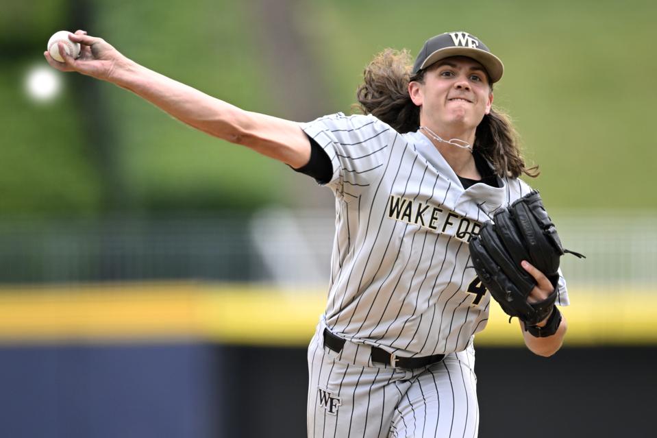 Right-handed pitcher Rhett Lowder throwing a baseball.