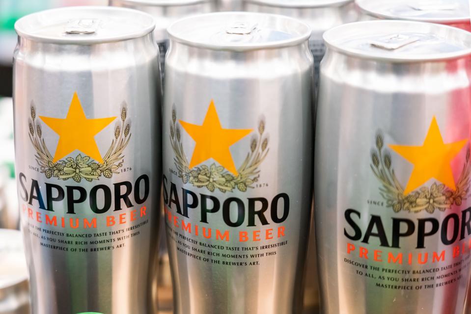 Cans of Sapporo Beer seen in a supermarket...
