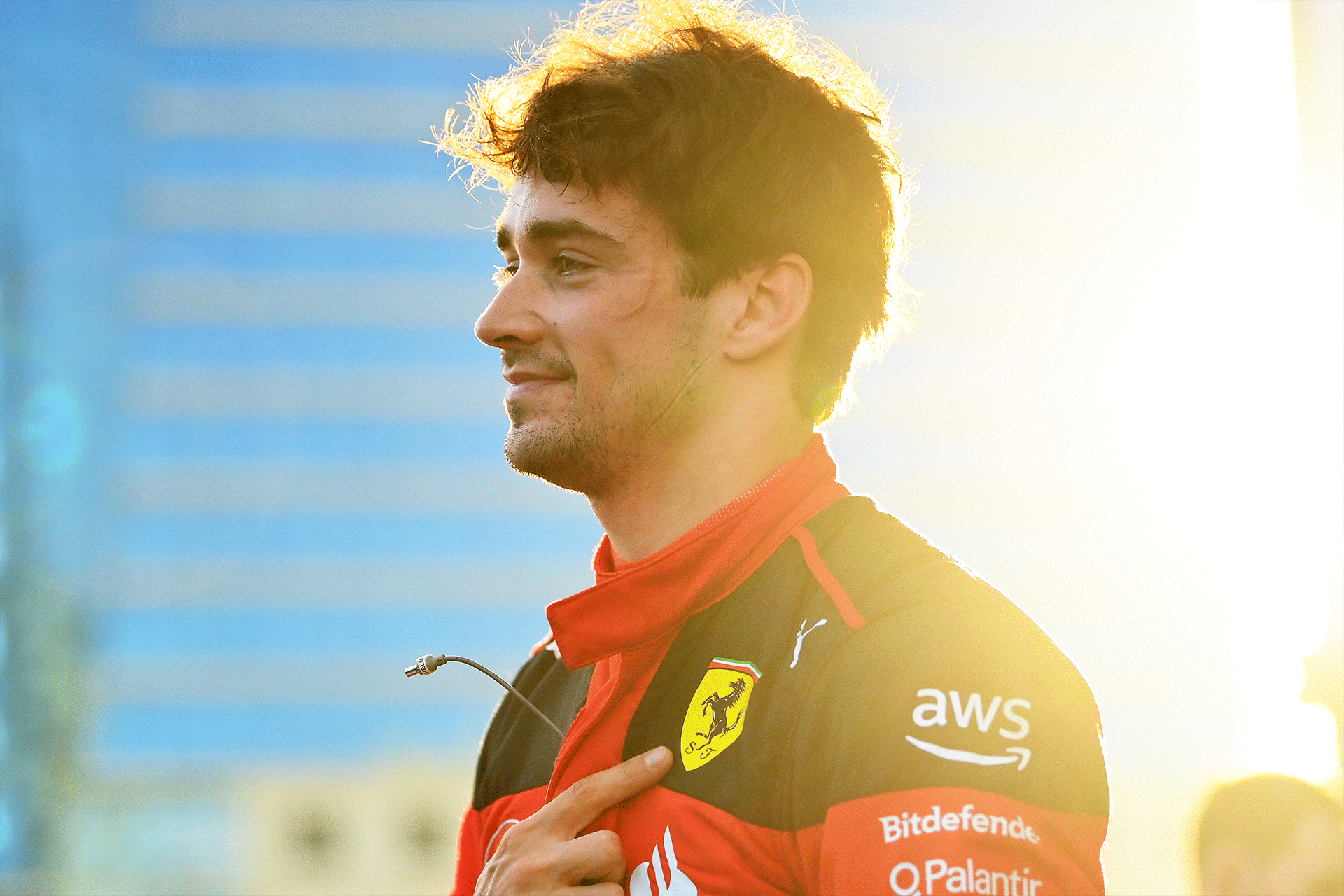 Ferrari driver Charles Leclerc celebrates qualifying ahead of the Azerbaijan Grand Prix.