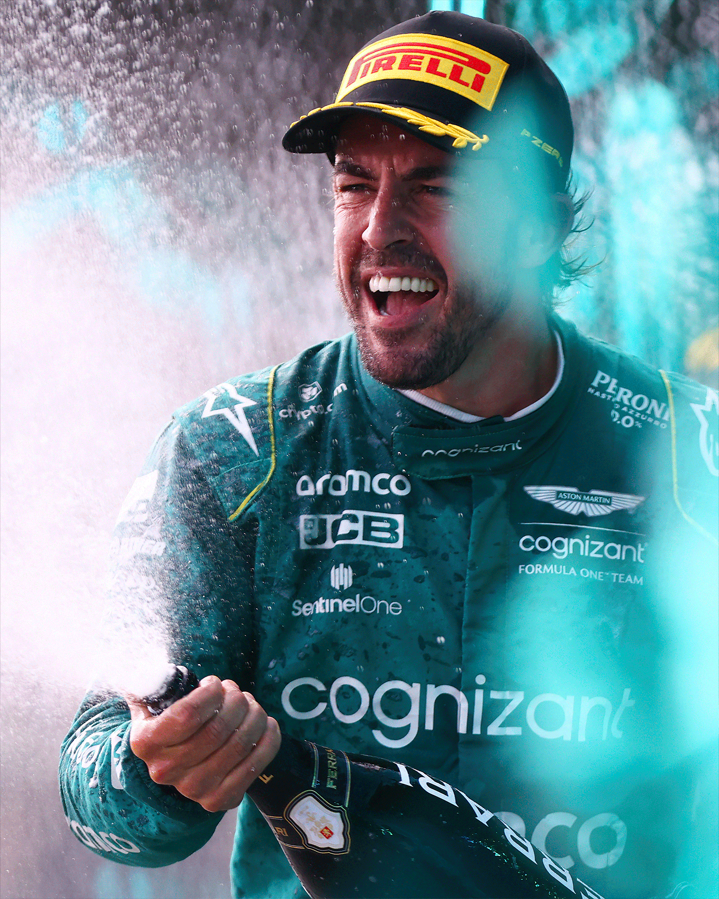 Aston Martin's Fernando Alonso celebrates after the Miami Grand Prix.