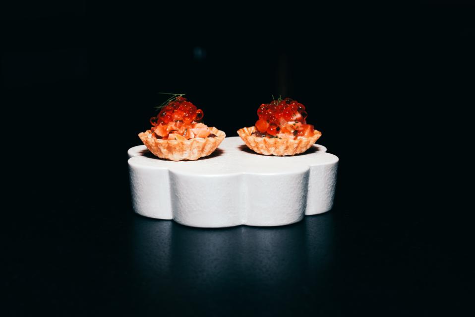 A smoked trout tartlet with fennel cream, finished with smoked trout roe at Restaurant Yuu