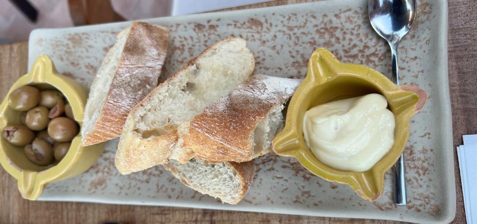 Sourdough bread with aioli and olives