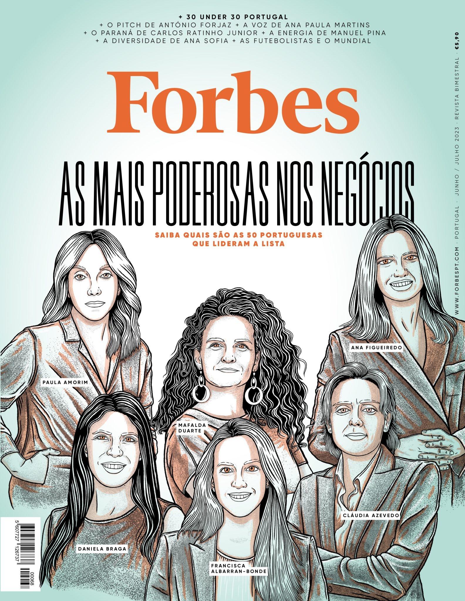 An illustration shows 6 women on the cover of Forbes Portugal magazine.