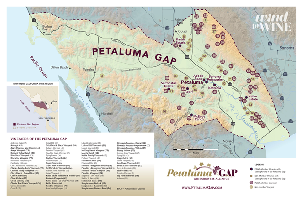 Map of the Petaluma Gap Wine Growing Region