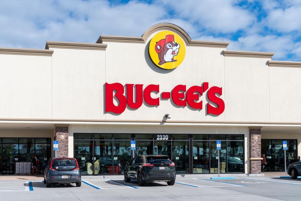 Large convenience store and gas station Buc-ees featuring a beaver mascot. This travel truck stop is known for clean restrooms and food