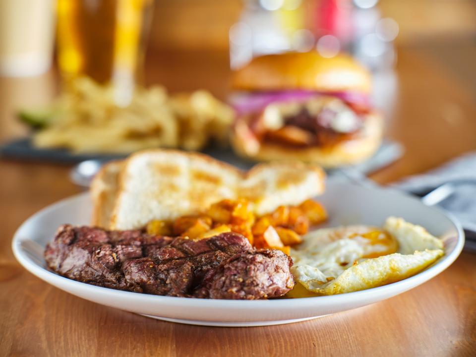 steak and eggs breakfast on plate