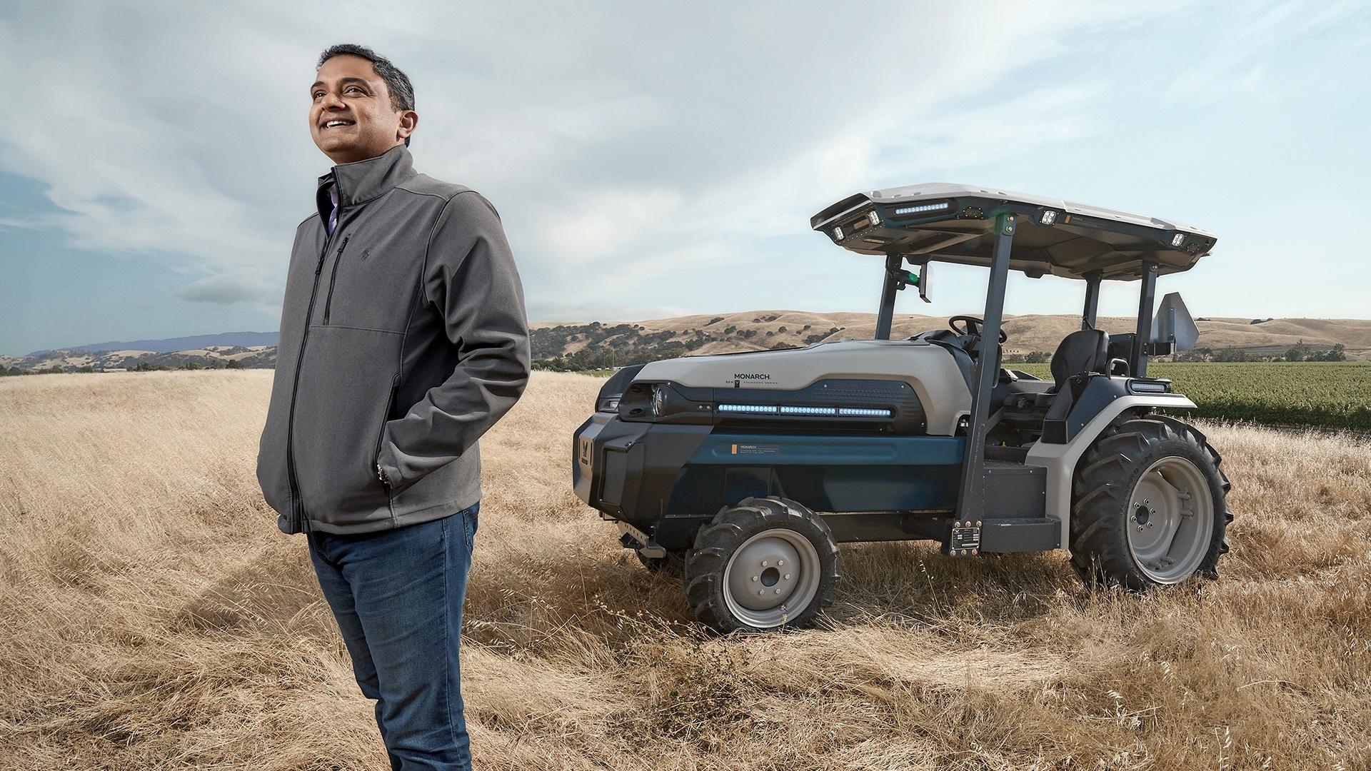 Monarch CEO Praveen Penmetsa with the company's autonomous electric tractor.