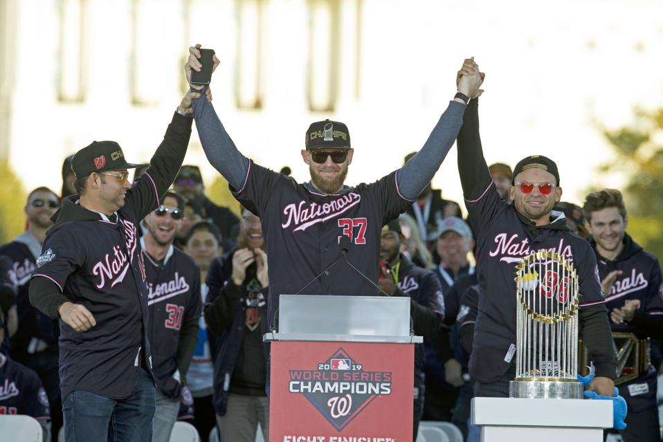 Stephen Strasburg celebrates after winning the 2019 World Series MVP.