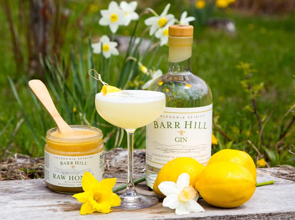 Bees' Knees cocktail and bottle of gin on a flower field