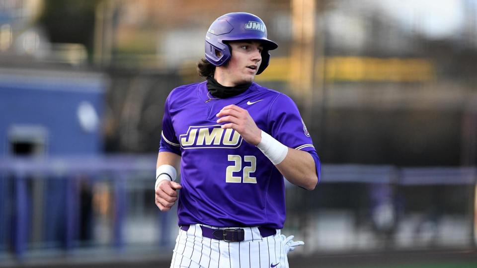 Chase DeLauter runs the first base in college. He batted .402 in his career at James Madison and was the Cleveland Guardians' No. 1 draft pick in 2022. (photo: James Madison University athletics)