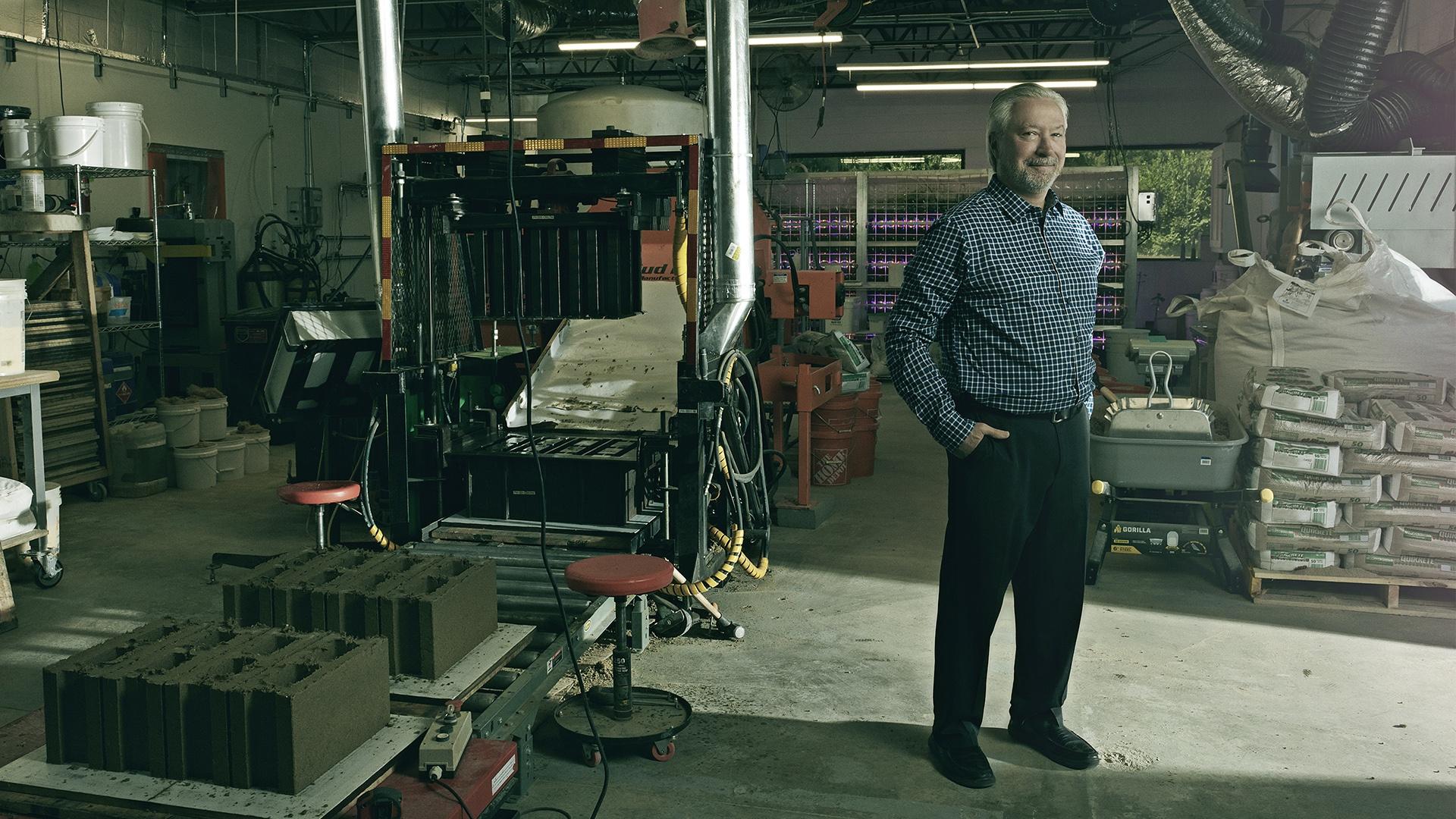 Prometheus Materials' cofounder and CEO Loren Burnett at the company's bio-cement pilot plant.