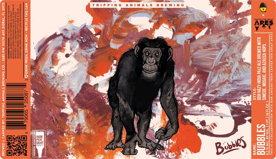 A beer label features a drawing of Bubbles in front of an abstract painting by Bubbles.