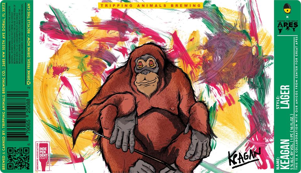 A beer label featuring Keagan the orangutan in front of a painting by Keagan.