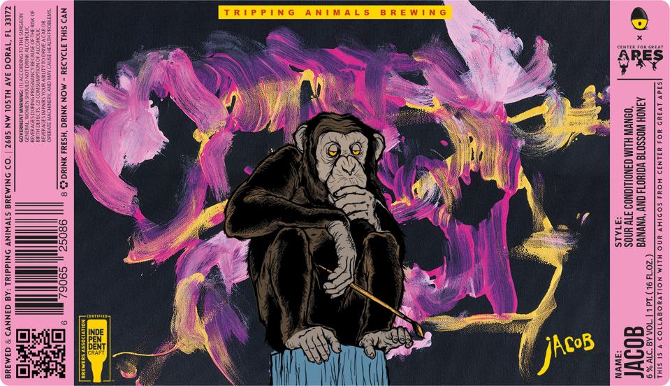 A beer label features a drawing of Jacob the chimpanzee in front of a painting by Jacob.