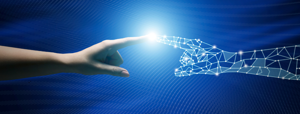 Two fingers, one human and one robotic, reach out and touch each other, mirroring the iconic moment of connection and creation.