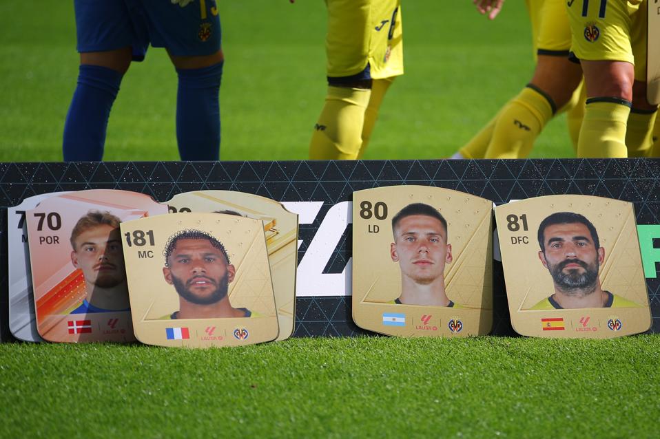 EA Sports FC 24 player cards on display in a game between Villarreal and Almería in Spain.