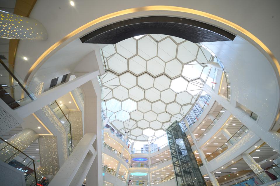 Honeycomb glass roof in the lobby of the shopping plaza