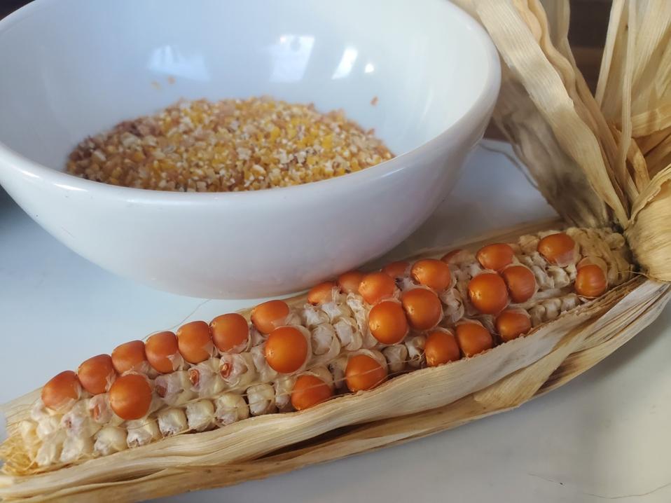 a dry ear of corn next to a bowl of uncooked polenta
