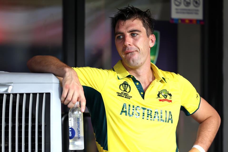 Pat Cummins looks wistful during Australia's World Cup defeat against India at Chennai.