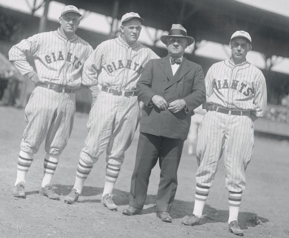 Manager John McGraw with star players Burleigh Grimes, Rogers Hornsby and Edd Roush of the 1927 New York Giants.