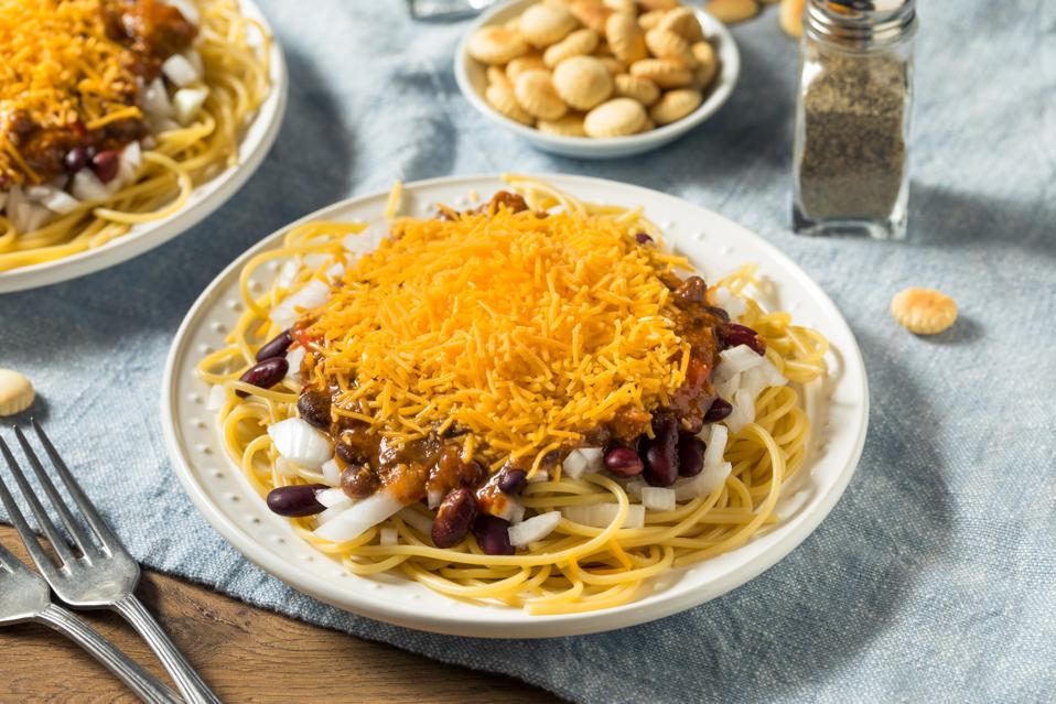 Homemade Cincinnati Chili Spaghetti,High angle view of food in plate on table