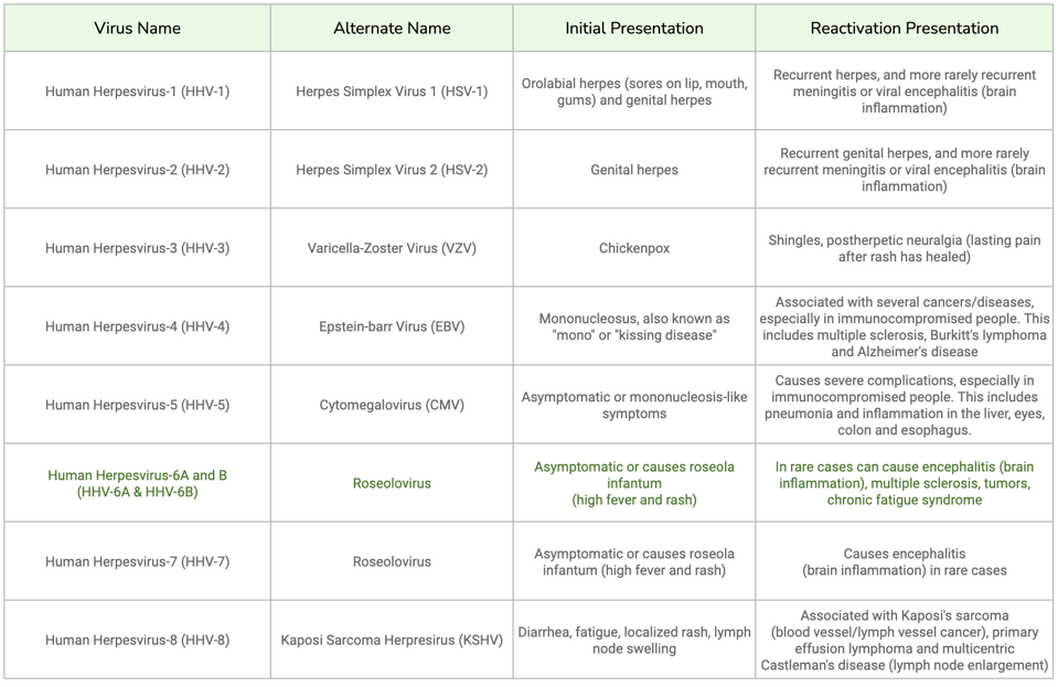 Table of human herpesviruses