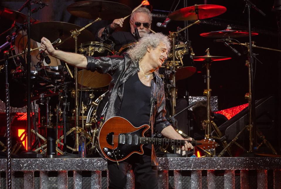 Brian May (front) and Roger Taylor (back) perform on stage with Queen + Adam Lambert during 'The Rhapsody Tour.' Monday, October 30, 2023 at United Center in Chicago, IL (Photo by Barry Brecheisen)
