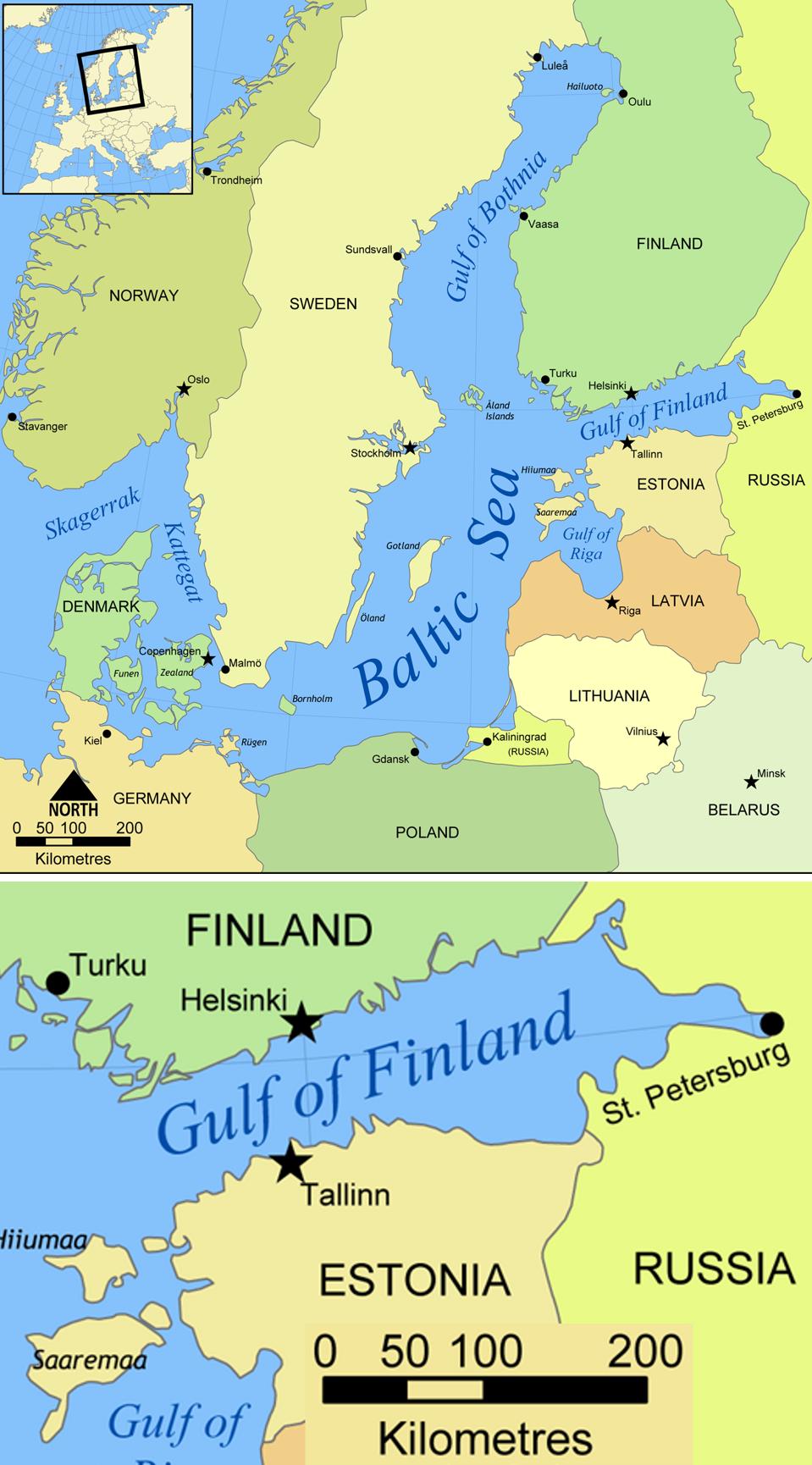 Maps of the Baltic Sea and the Gulf of Finland area. 