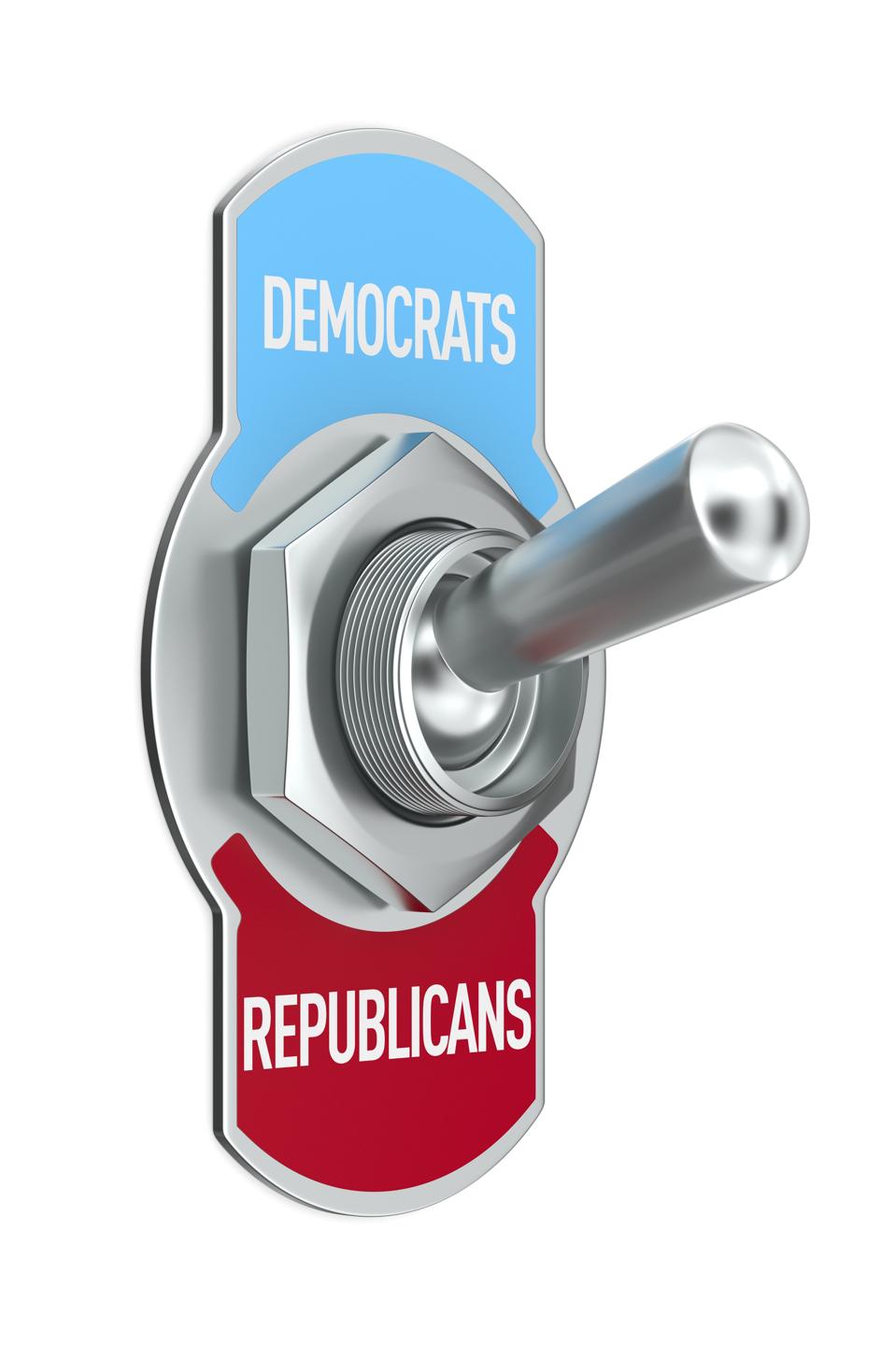 Republicans vs Democrats. Toggle switch on white background. Isolated 3D illustration