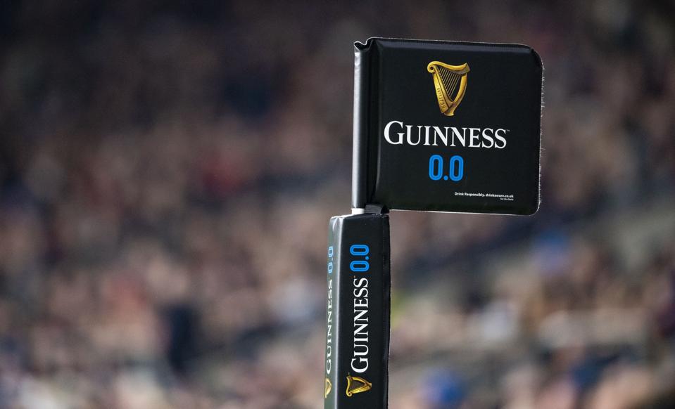 A Guinness 0.0 touchline flag during a Guinness Six Nations match between England and Scotland at Twickenham Stadium